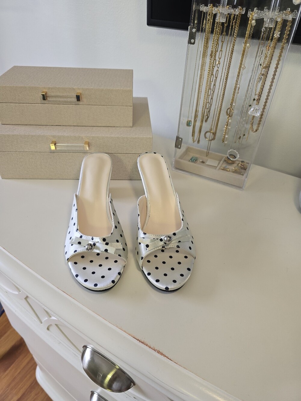 Brand New Classic Polka Dot Open-Toe Women’s Slide White with Black Dots